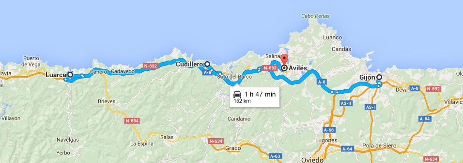La ruta que seguimos fue: Gijón-Cudillero-Kuarca-Avilés-Gijón. Gentileza de Google Maps.