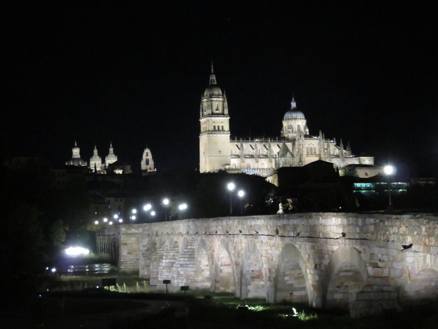 Puente romano y de izquierda a derecha: universidad pontificia, campanario del antiguo edificio de la universidad de Salamanca, Catedral nueva y edebajo de la cúpula de la derecha la catedral vieja, y esa pequeña mancha de luz azulada es la Casa Lis.