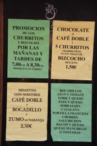 Algunas ofertas. Chocolate o café con churros 1,50€