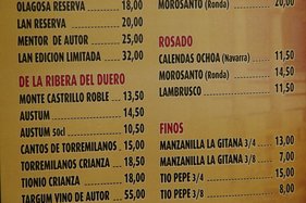 Carta. Detalle vinos. Por ejemplo, un Ribera del Duero, Montecastrillo robles 13,50€