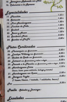 Especialidades: Planchita 1,5€. Serranito 1,80€...