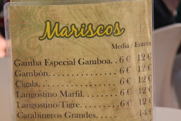 Marisocs. Gamba especial gamboa media ración 6€. Ración 12. 