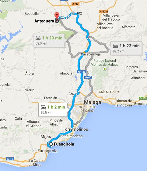 Desde Fuengirola a Antequera. Gentileza de Google Maps
