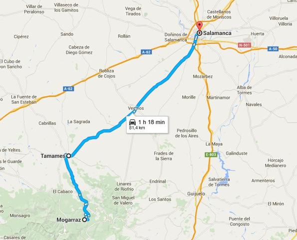 Desde Mogarraz a Salamanca.Mapa de Google Maps.