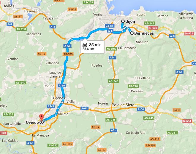 Ruta del día de hoy: Gijón-Oviedo-Bernueces-Gijón. Mapa gentileza de Google Maps.